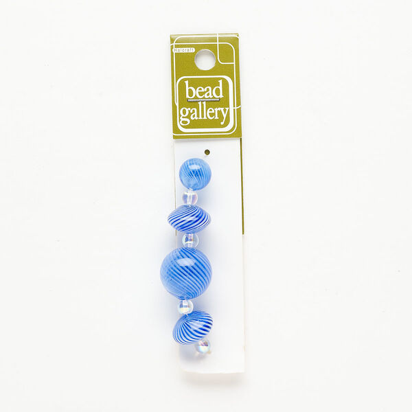 Bead 1pkg4 handblown glass, 12-20mm round / 16x10mm-16x11mm saucer / line design, assortment translucent blue / white image number 0