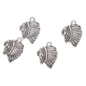 Charm, antique silver-finished "pewter" (zinc-based alloy), 17x15mm Indian chief head. Sold per pkg of 4.