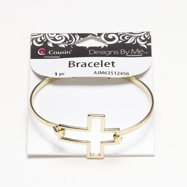 Bracelet, bangle 1pkg1, gold-finished steel, 27mm open cross, 6 inches with hook closure. image number 0