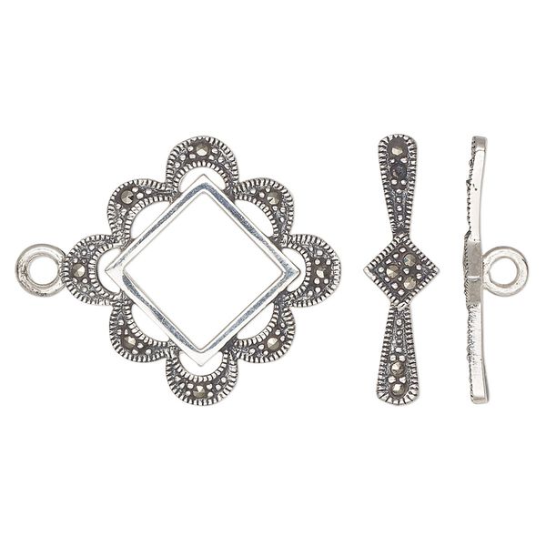 Clasp toggle 1pkg1 sterling silver / marcasite (natural), 24x23mm fancy diamond, 1-strand image number 0