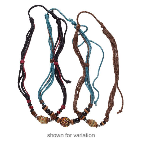 Necklace mix, cotton / bone / wood (dyed), multicolored, 8x3mm-25x14mm multi-shape, adjustable from 18-28 inches with macramé knot. Sold per pkg of 3. image number 1