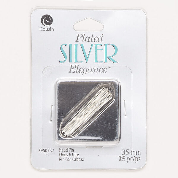 Head pin, lacquer and silver-plated brass, 1-3/8 inches, 23-gauge. Sold per pkg of 25. image number 0