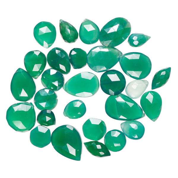 Bead mix, green onyx (dyed / coated), 9mm-18x13mm hand-cut top- and center-drilled faceted mixed shapes with 0.4-1.4mm hole, B- grade, Mohs hardness 6-1/2 to 7. Sold per 1-ounce pkg, approximately 25-30 beads. image number 0