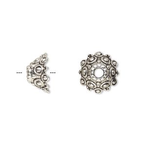 Bead cap, antique silver-finished "pewter" (zinc-based alloy), 12x7mm round with dots and scalloped edges, 3mm hole, fits 10-14mm bead. Sold per pkg of 20.