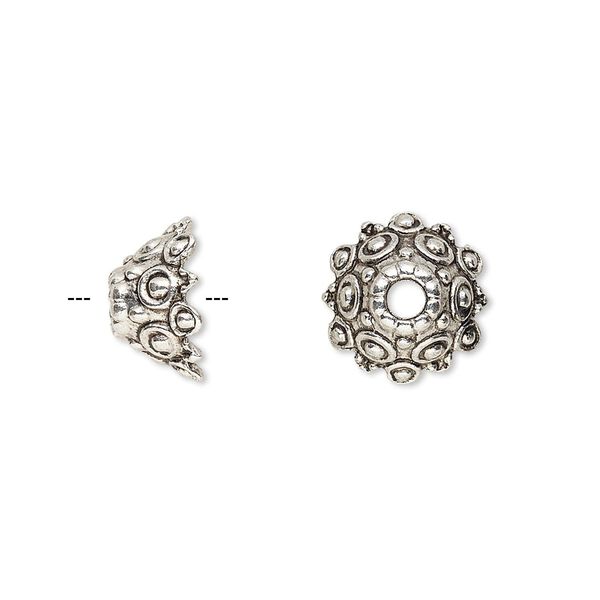 Bead cap, antique silver-finished "pewter" (zinc-based alloy), 12x7mm round with dots and scalloped edges, 3mm hole, fits 10-14mm bead. Sold per pkg of 20. image number 0