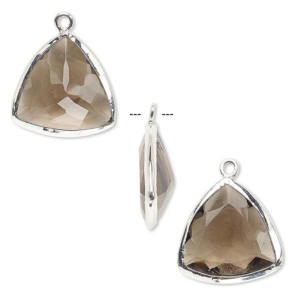 Drop, smoky quartz (heated / irradiated) and sterling silver, 16mm two-sided faceted triangle. Sold per pkg of 2. image number 0