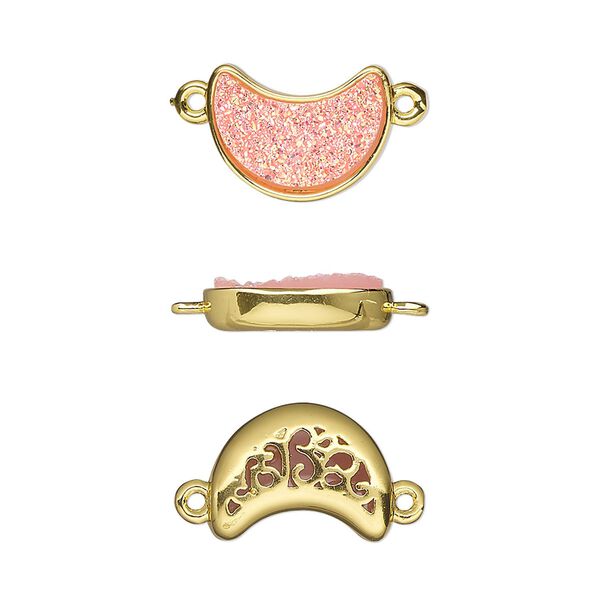 Link, Druzylite™, "druzy" (resin) and gold-finished brass, pink, 14x10mm two-sided moon with open filigree back. Sold per pkg of 4. image number 0