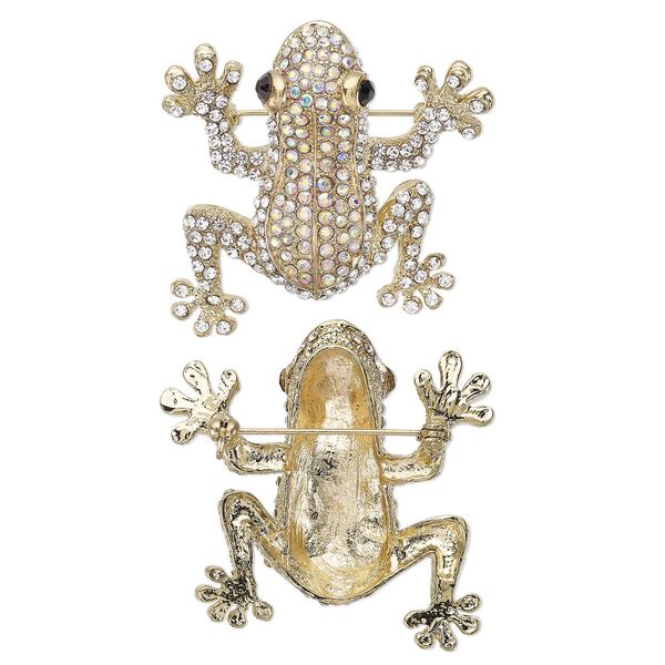 Brooch, glass rhinestone and gold-finished "pewter" (zinc-based alloy), clear AB / clear / black, 45x43mm frog. Sold individually. image number 0