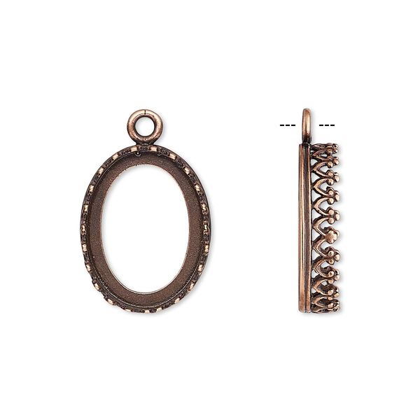 Drop, JBB Findings, antique copper-plated brass, 18x14mm oval with open back and decorative trim, 16x12mm oval bezel setting. Sold per pkg of 2. image number 0