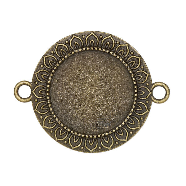 Link, glue-in, antique brass-finished "pewter" (zinc-based alloy), 29mm single-sided round with petal edge with 20mm round setting. Sold per pkg of 2. image number 0