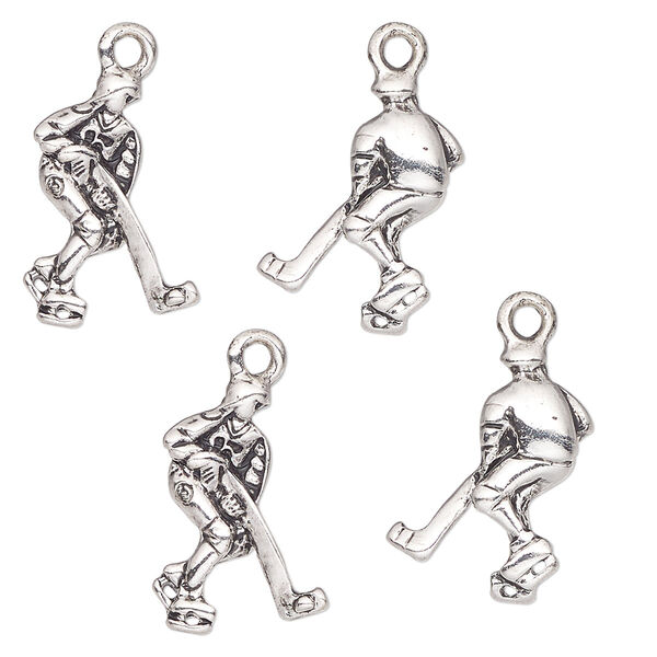 Charm, antique silver-finished "pewter" (zinc-based alloy), 18x14mm single-sided hockey player. Sold per pkg of 4. image number 0