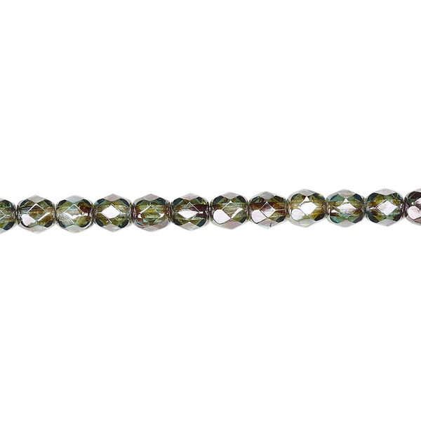 Bead, Czech fire-polished glass, transparent peridot green luster, 4mm faceted round. Sold per 15-1/2" to 16" strand. image number 0