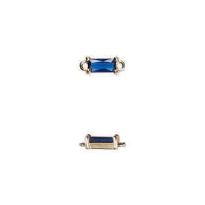 Link, glass and gold-finished brass, dark blue, 7.5x4mm faceted rectangle. Sold per pkg of 10.