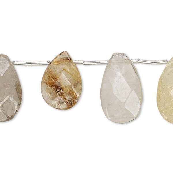 Bead, golden rutilated quartz (natural), 14x10mm-19x12mm hand-cut top-drilled faceted puffed teardrop, C- grade, Mohs hardness 7. Sold per pkg of 10 beads. image number 0
