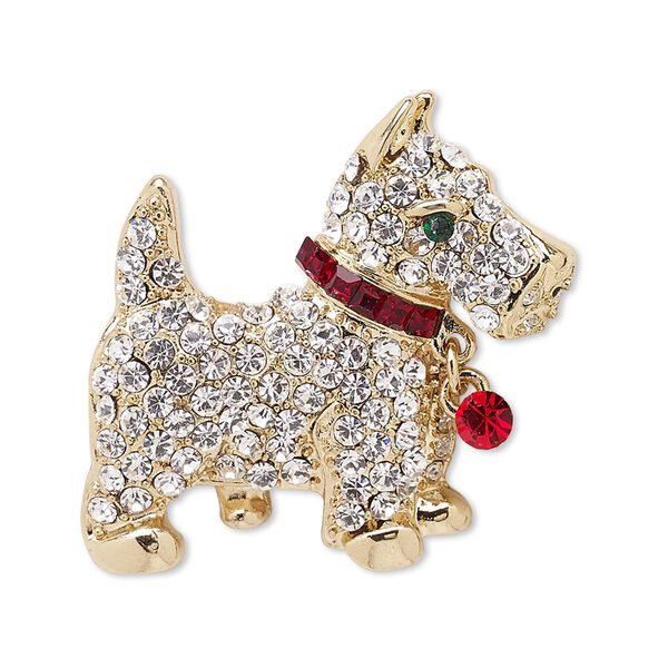 Spot pin, Czech glass rhinestone with gold-finished brass and "pewter" (zinc-based alloy), multicolored, 32x29mm dog. Sold individually. image number 0