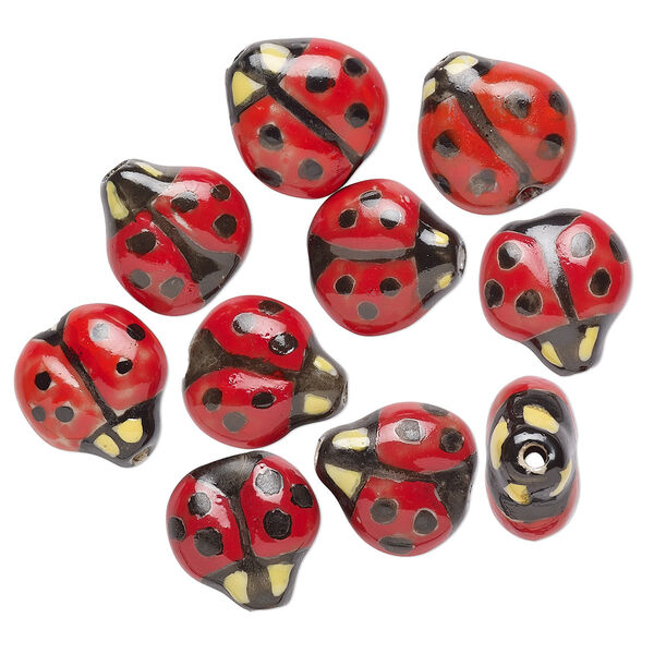 Bead, porcelain, black / red / yellow, 16x16mm double-sided hand-painted ladybug. Sold per pkg of 10. image number 0