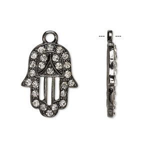 Drop, Czech glass rhinestone and painted "pewter" (zinc-based alloy), clear and black, 22x17mm single-sided Fatima hand with cutouts and 2mm faceted round. Sold per pkg of 2.