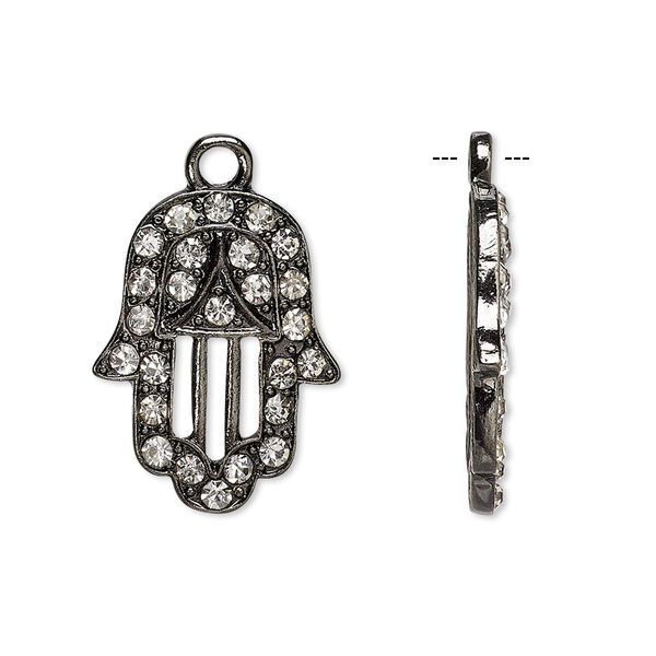 Drop, Czech glass rhinestone and painted "pewter" (zinc-based alloy), clear and black, 22x17mm single-sided Fatima hand with cutouts and 2mm faceted round. Sold per pkg of 2. image number 0