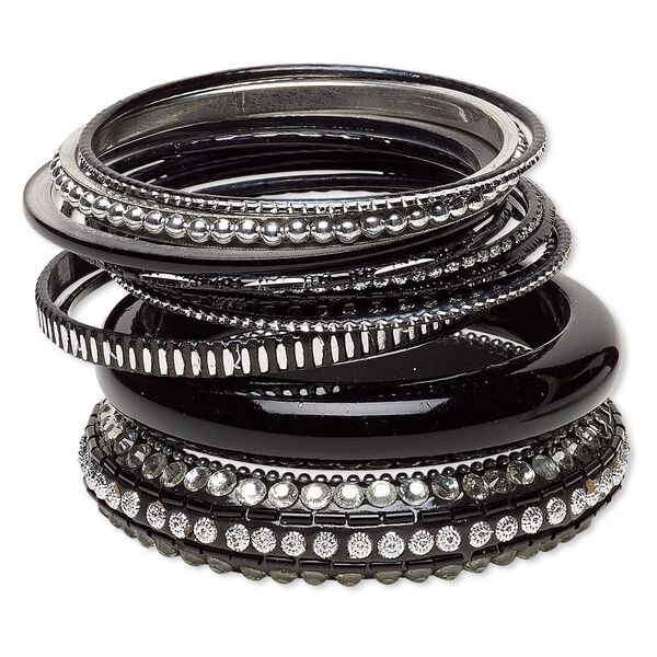 Bracelet, bangle, resin / aluminum / brass / painted wood / silver-coated plastic, black with glitter, 2-17mm wide, 7-1/2 to 8-1/2 inches. Sold per 13-piece set. image number 0
