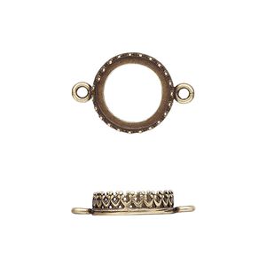 Link, JBB Findings, antiqued brass, 13.5mm round with open back and decorative trim, 12mm round bezel setting. Sold per pkg of 2.