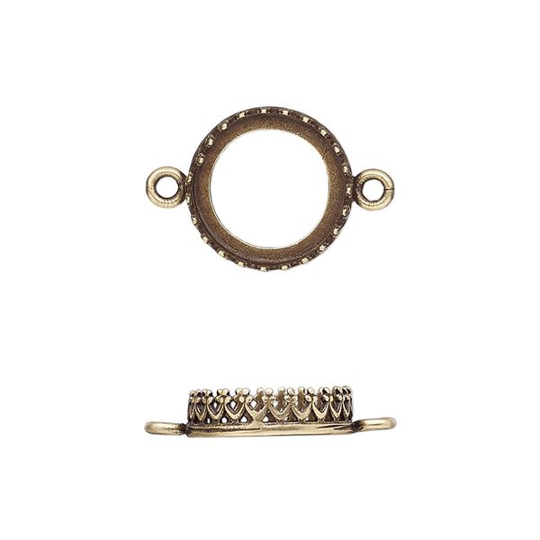 Link, JBB Findings, antiqued brass, 13.5mm round with open back and decorative trim, 12mm round bezel setting. Sold per pkg of 2. image number 0