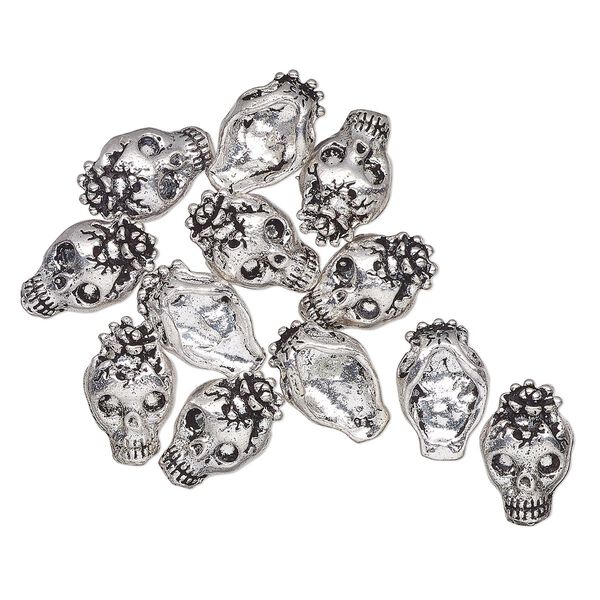 Bead, antique silver-finished "pewter" (zinc-based alloy), 15x5mm-16x6mm top-drilled single-sided skull with flowers. Sold per pkg of 12. image number 0