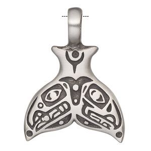 Pendant, Powerful Pewter Pendants. antiqued pewter (tin-based alloy), 40x30mm single-sided whale tail with 6mm hole. Sold individually.