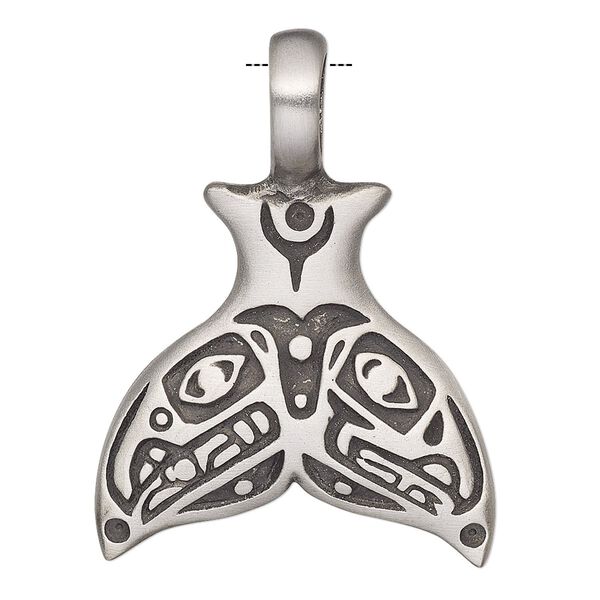 Pendant, Powerful Pewter Pendants. antiqued pewter (tin-based alloy), 40x30mm single-sided whale tail with 6mm hole. Sold individually. image number 0