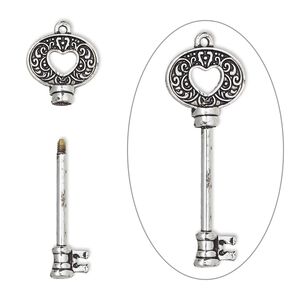 Focal, bead pin, antique silver-finished brass and "pewter" (zinc-based alloy), 52x19mm single-sided key with oval and swirls design with cutout heart and twist-off head, 25mm beadable length. Sold individually.