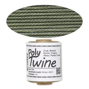 Cord, 3-ply bonded polyester twine, olive, 1mm diameter. Sold per 2-ounce spool.