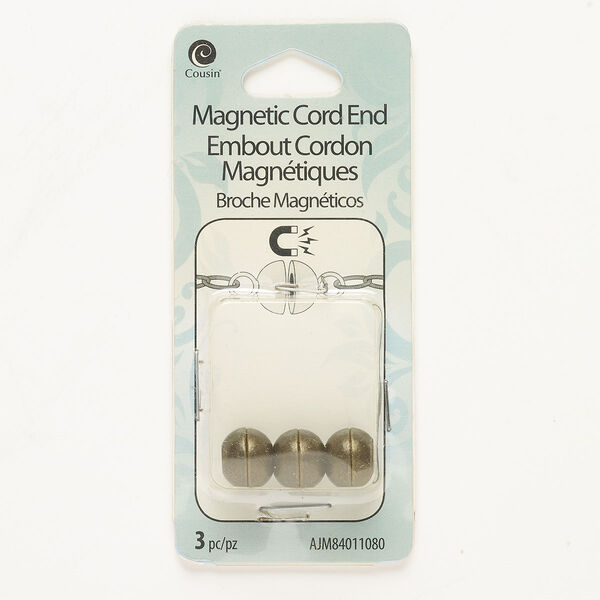 Clasp, magnetic, steel, pkg/3, antique brass finish, 11x9mm rondelle with glue-in cord ends, 3mm inner diameter. image number 0