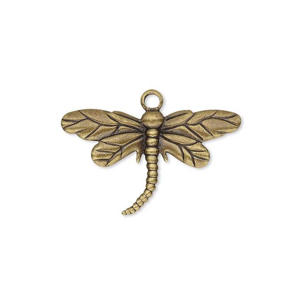 Charm, antique gold-plated brass, 26x15mm single-sided dragonfly. Sold per pkg of 100. image number 0