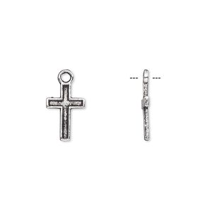 Drop, antique silver-plated "pewter" (zinc-based alloy), 12x8mm single-sided cross. Sold per pkg of 10.