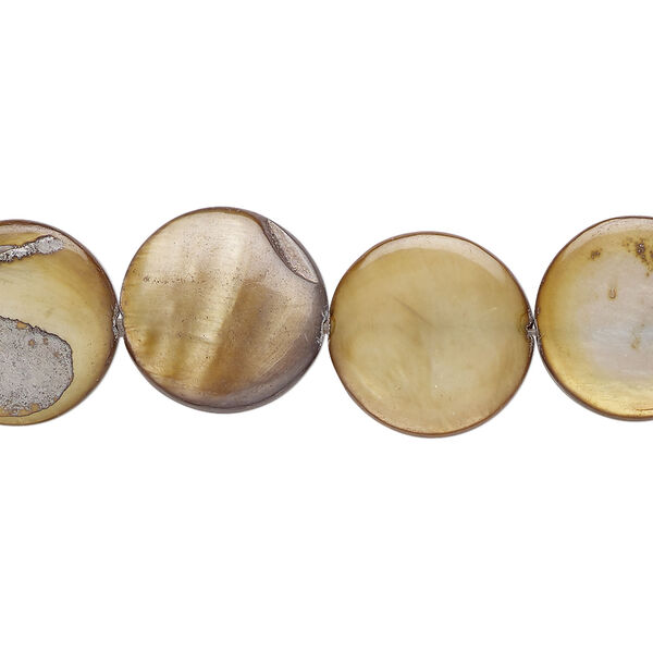 Mother-of-pearl shell 1pkg1, puffed flat round bead 15 inch dark gold 14-15mm image number 0