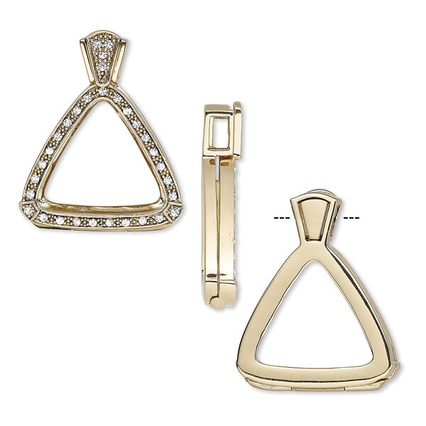 Pendant, Almost Instant Jewelry®, antique gold-finished brass / crystal / rubber, crystal clear, 37.5x30mm single-sided hinged triangle with 23mm triangle setting. Sold individually. image number 0
