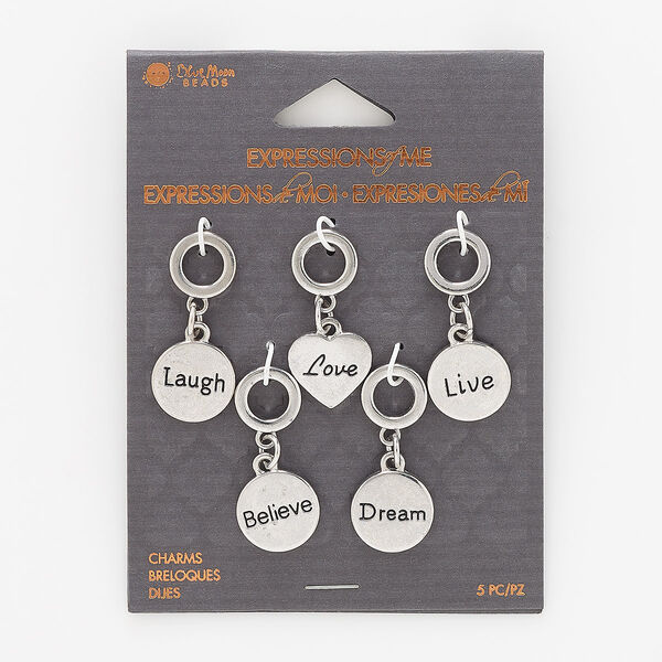 Focal mix, silver-finished "pewter" (zinc-based alloy) and steel, 33x14mm flat round and 31x14mm flat heart with assorted affirmations. Sold per pkg of 5. image number 0