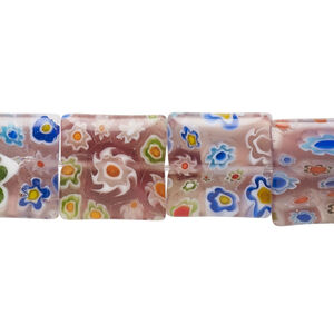 Bead, millefiori glass, translucent pink and multicolored, 13mm-15x14mm puffed square with flower design. Sold per 14-inch strand.