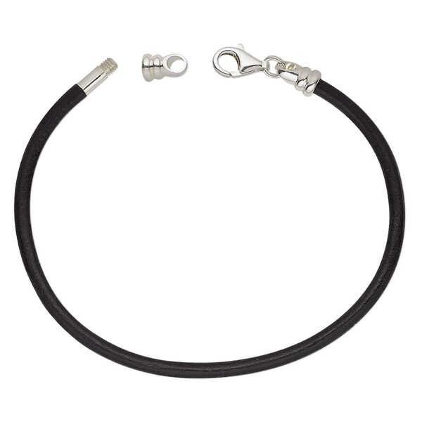 Bracelet cord, Dione®, leather (dyed) and sterling silver, black, 3mm round with twist-off end, 7 inches with lobster claw clasp. Sold individually. image number 0