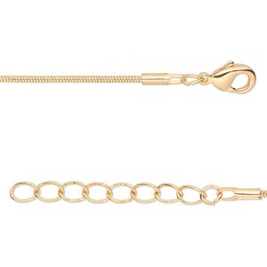 Chain, gold-finished brass, 1mm snake, 18 inches with 1-1/4 inch extender chain and lobster claw clasp. Sold per pkg of 4.