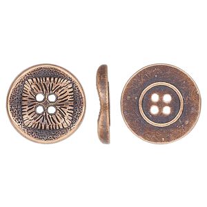 Button, antiqued copper-finished "pewter" (zinc-based alloy), 17mm single-sided wavy flat round with textured square design. Sold per pkg of 20.