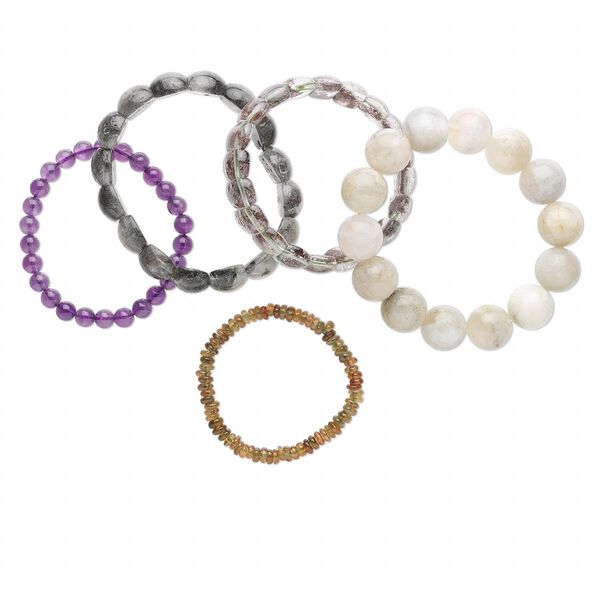 Multi-gemstone 1pkg5, mixed shape stretch bracelet mix 6.5-7 inch 4-20mm / 9-13mm wide image number 0