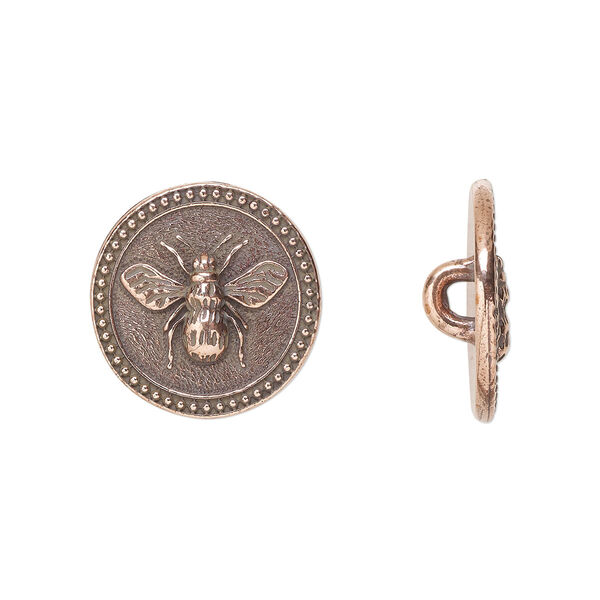 Button, TierraCast®, antique copper-plated pewter (tin-based alloy), 15mm beaded flat round with bee and closed loop. Sold per pkg of 20. image number 0