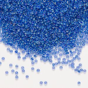 Seed bead, Miyuki, glass, pkg/250g, #15 rocaille, translucent cobalt-lined rainbow sapphire (RR-353).