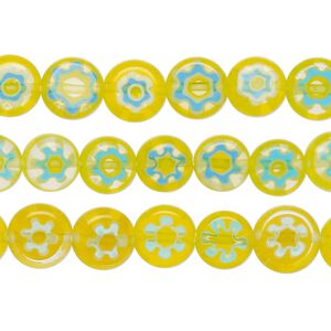 Bead mix, millefiori glass, yellow, blue, white and clear, 8-9mm puffed flat round with flower design. Sold per pkg of (3) 14-inch strands.