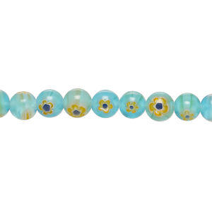 Bead, millefiori glass 1pkg1, translucent aqua / cobalt blue / multicolored, 6mm round, 15 inches.