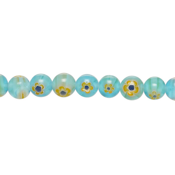 Bead, millefiori glass 1pkg1, translucent aqua / cobalt blue / multicolored, 6mm round, 15 inches. image number 0