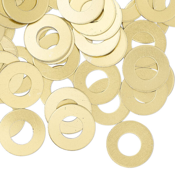 Washer, anodized aluminum, gold, 13mm double-sided flat round blank with 6mm hole, 20 gauge. Sold per pkg of 100. image number 0