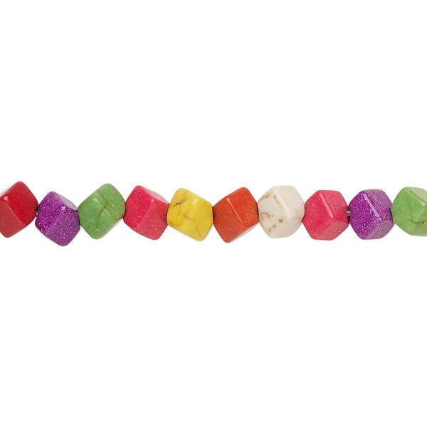 Bead, "howlite" (resin) (imitation), multicolored, 5-6mm diagonally-drilled cube. Sold per 15-inch strand. image number 0