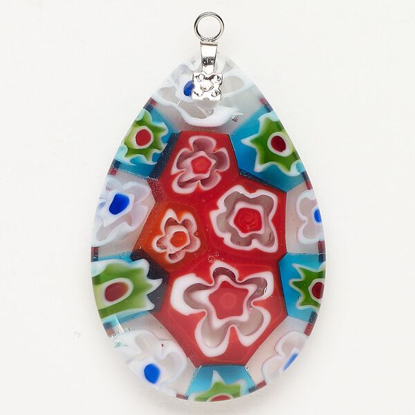 Focal 1pkg1 silver-finished steel and millefiori glass, translucent and transparent red and multicolored, 47x30mm-48x33mm puffed teardrop. image number 0