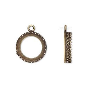 Drop, JBB Findings, antiqued brass, 16mm round with open back and decorative trim, 14mm round bezel setting. Sold per pkg of 2.